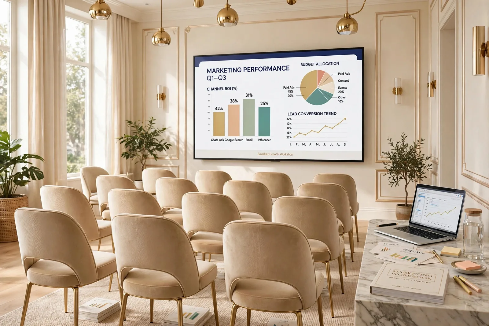 Không gian phòng học buổi tối với màn hình trình chiếu lớn và ghế ngồi kiểu lớp học